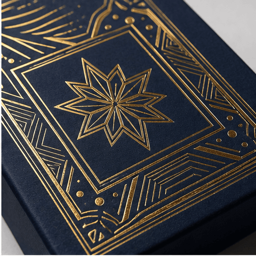 Gold foil pattern on navy custom packaging