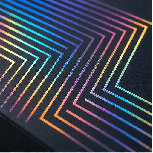 Holographic foil pattern on dark custom packaging