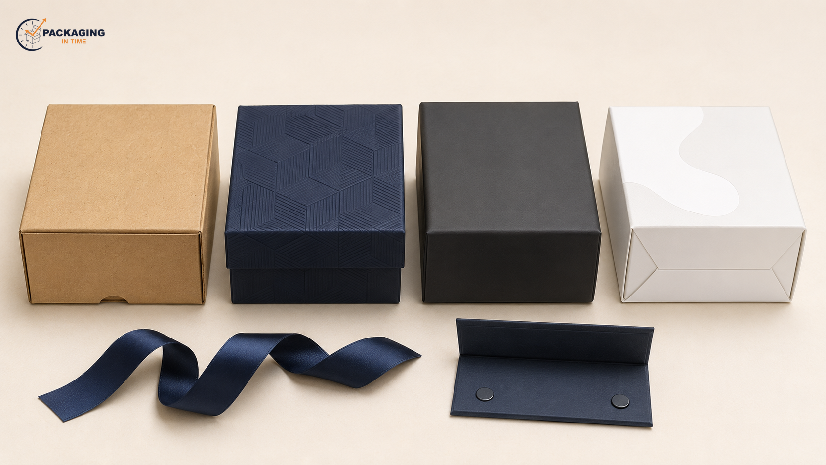 Watermarked landscape photograph comparing kraft, embossed navy rigid, charcoal soft-touch, and white folding gift-box finishes with ribbon and magnetic closure components.
