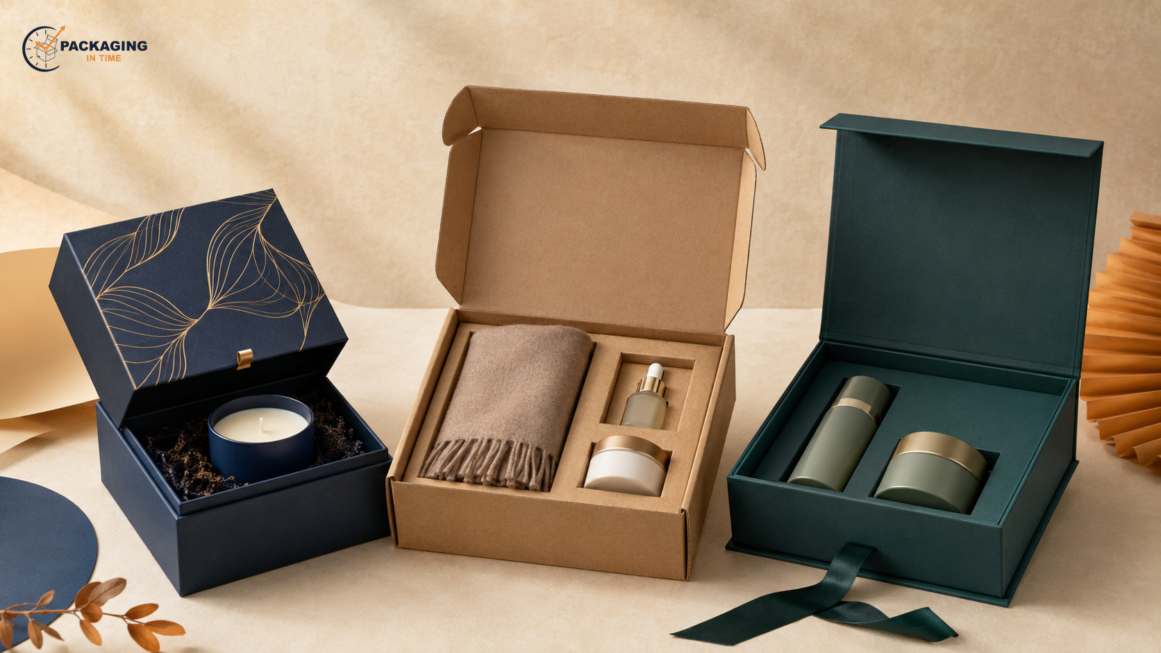 Watermarked landscape photograph of custom gift boxes including rigid boxes, a folding carton, inserts, candles, apparel, and unbranded cosmetic containers.