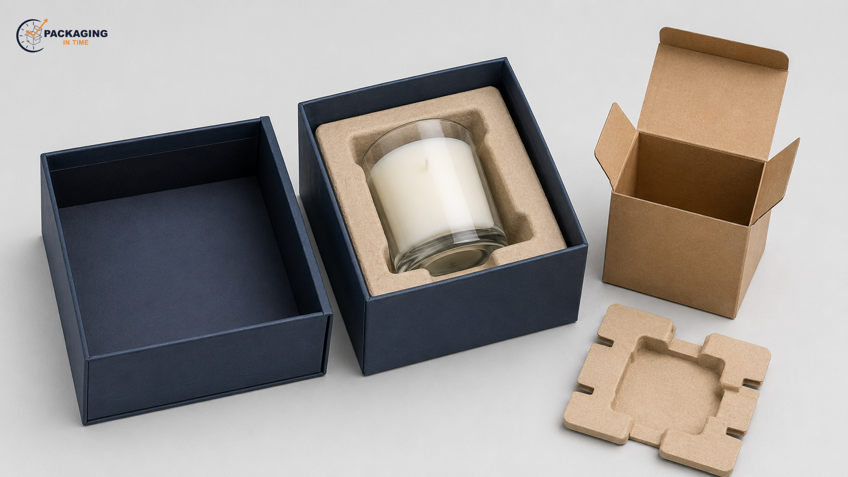 Watermarked landscape photograph of a navy rigid gift-box base holding an unbranded glass candle in a fitted molded-pulp insert, with a removable lid, kraft carton, and die-cut insert.