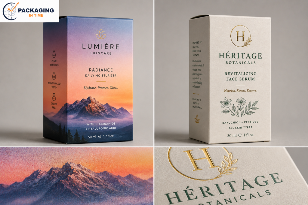 Two custom folding carton boxes side by side comparing digital printing with full-color CMYK artwork versus offset lithography with Pantone spot color accuracy
