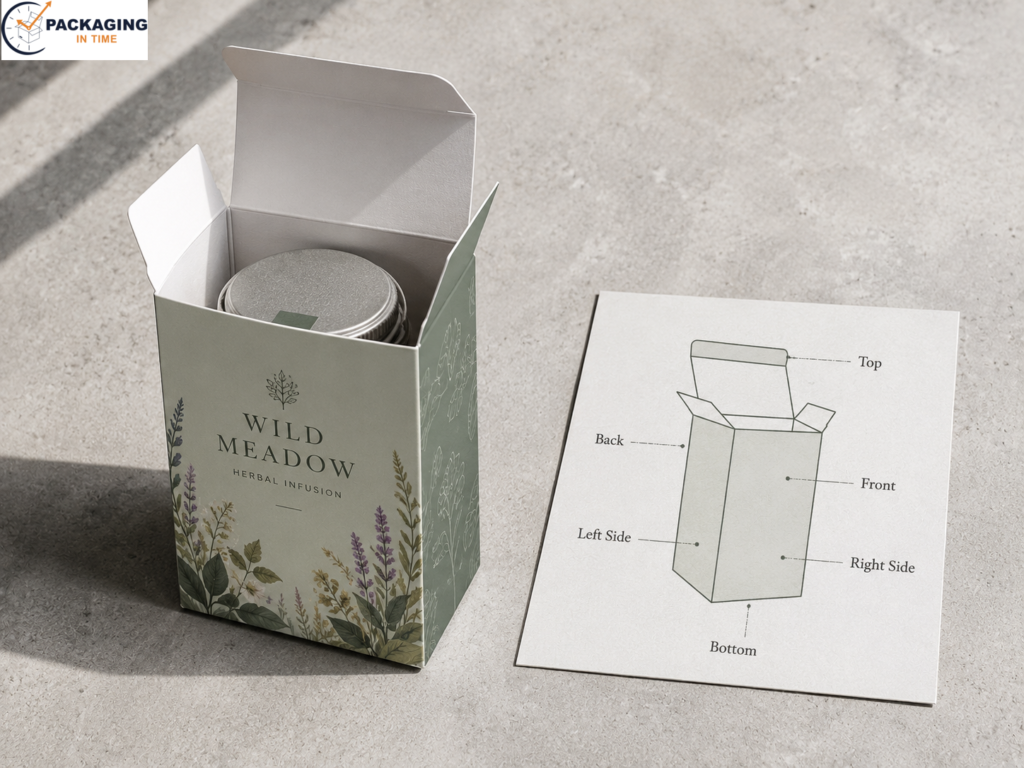 Custom tuck-end folding carton product box partially open showing interior SBS board and six labeled panels: front, back, top, bottom, and two side panels with panel diagram card