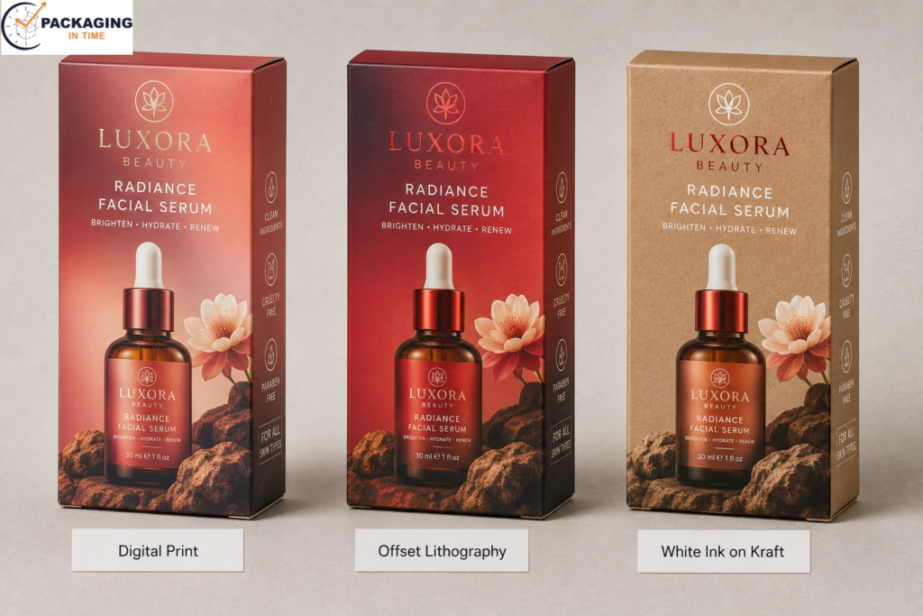 Three identical custom product boxes side by side comparing digital print with CMYK full-color artwork, offset lithography with sharper Pantone color accuracy, and white ink printing on kraft board showing natural brown background