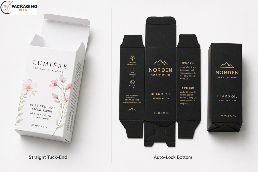 Two custom folding carton product box types side by side: a straight tuck-end box with cosmetics artwork shown open to reveal tuck mechanism, and an auto-lock bottom box shown flat with interlocked base panels visible